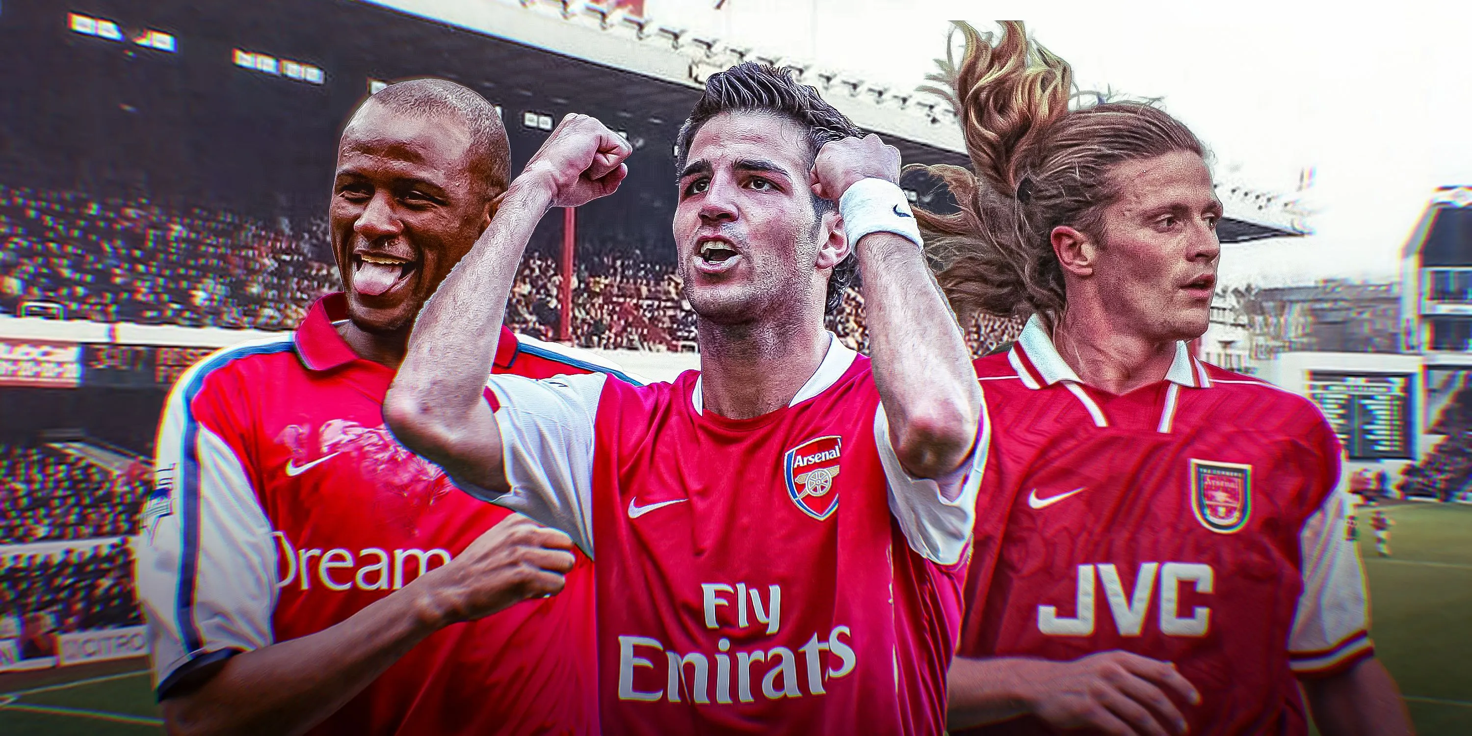 Hình ảnh các huyền thoại tiền vệ Arsenal: Patrick Vieira, Cesc Fabregas và Emmanuel Petit thi đấu tại Highbury