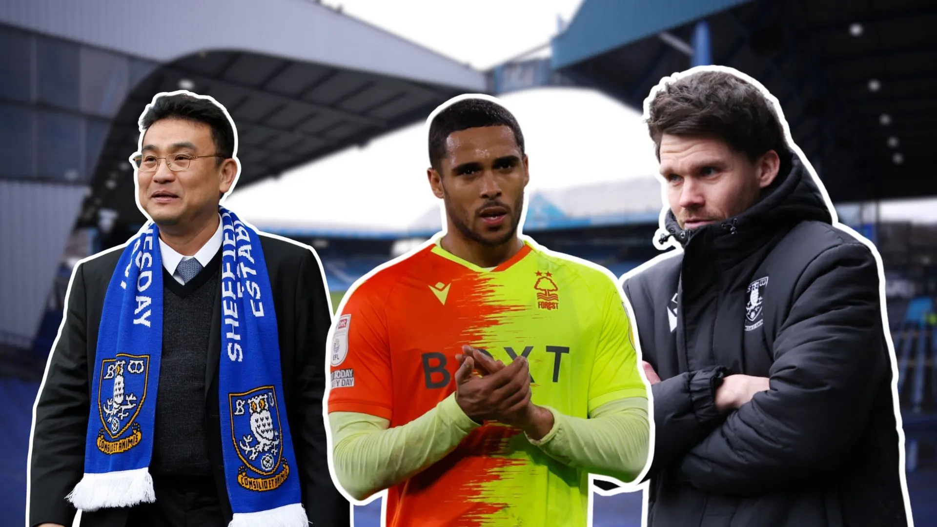 Chủ tịch Dejphon Chansiri, cầu thủ Max Lowe và HLV Danny Rohl của Sheffield Wednesday trước sân Hillsborough, thể hiện sự đoàn kết nội bộ trong bóng đá Anh.