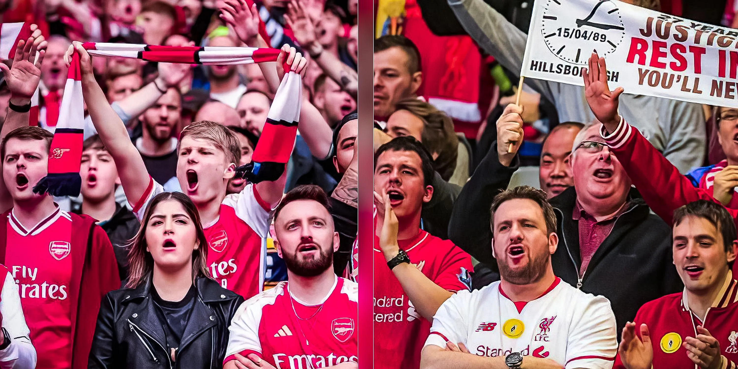 Người hâm mộ Arsenal và Liverpool cùng hòa mình vào không khí cuồng nhiệt của các trận đấu bóng đá Anh, thể hiện tinh thần cổ vũ mạnh mẽ.